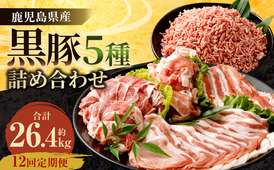 【12ヶ月定期便】鹿児島県産 黒豚 5種詰合せ(約2.2kg×12回)　鹿児島 豚肉 バラ ロース ミンチ 便利 個包装 小分け KS-601