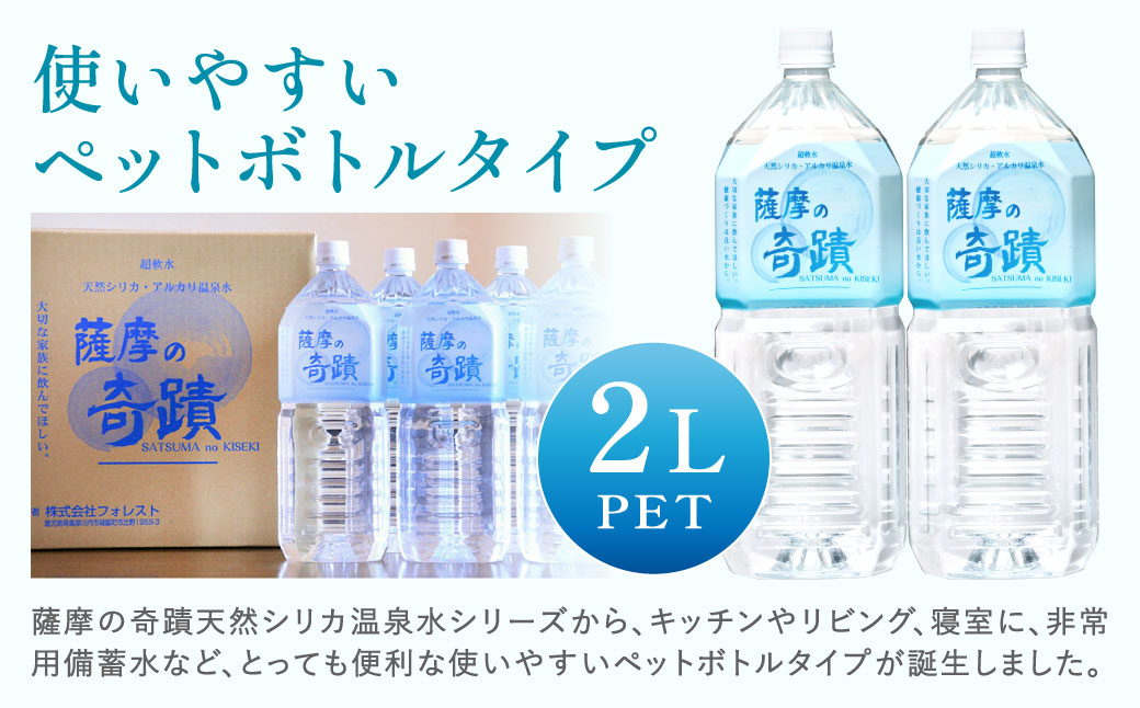 【3ヶ月定期便】天然アルカリ温泉水 薩摩の奇蹟 2L×12本×3回 超軟水 硬度0.6 シリカ水 ミネラルウォーター シリカ水 水 のむシリカ 温泉水 飲む温泉水 定期便 鹿児島 薩摩川内市 株式会社フォレスト DS-201
