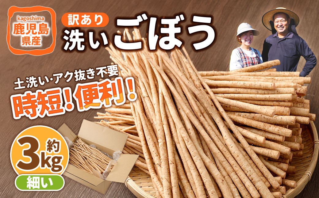 鹿児島県産 洗い【細い】 ごぼう 約3kg 【規格外・訳あり品】【2026年12月上旬-3月下旬発送予定】 ZS-9101