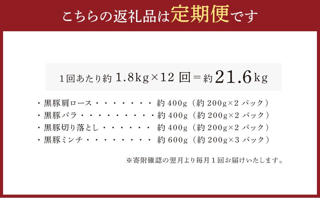 KS-003 【12ヶ月定期便】鹿児島県産黒豚 4種詰合せセット(約1.8kg×12回)