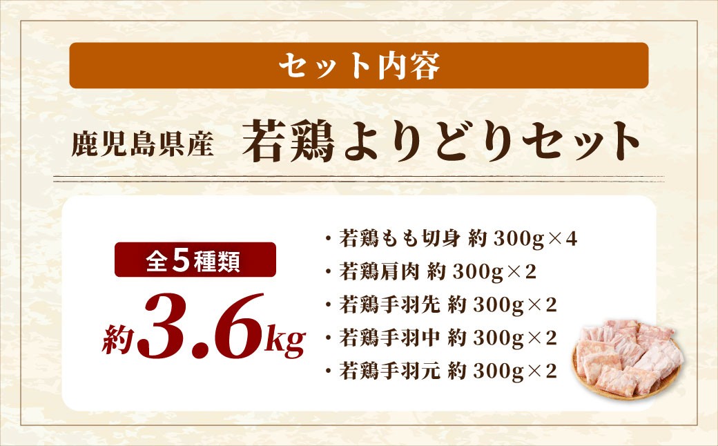 鹿児島県産 若鶏よりどり 約3.6kgセット 若鶏 もも肉 モモ肉 カット 手羽先 手羽元 肩肉 小分け 鶏肉 冷凍 AS-894