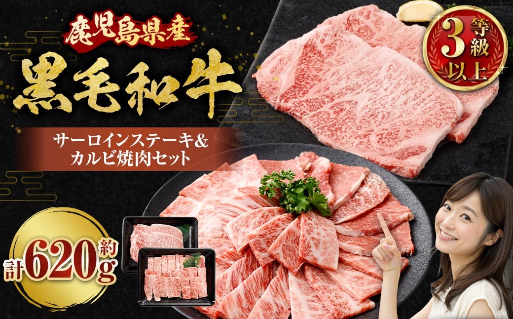 【鹿児島県産】 黒毛和牛 サーロインステーキ＆カルビ焼肉セット 合計約620g 肉 お肉 にく ニク 牛肉 サーロイン カルビ ステーキ 焼肉 詰め合わせ 冷凍 鹿児島県 薩摩川内市 BS-3121
