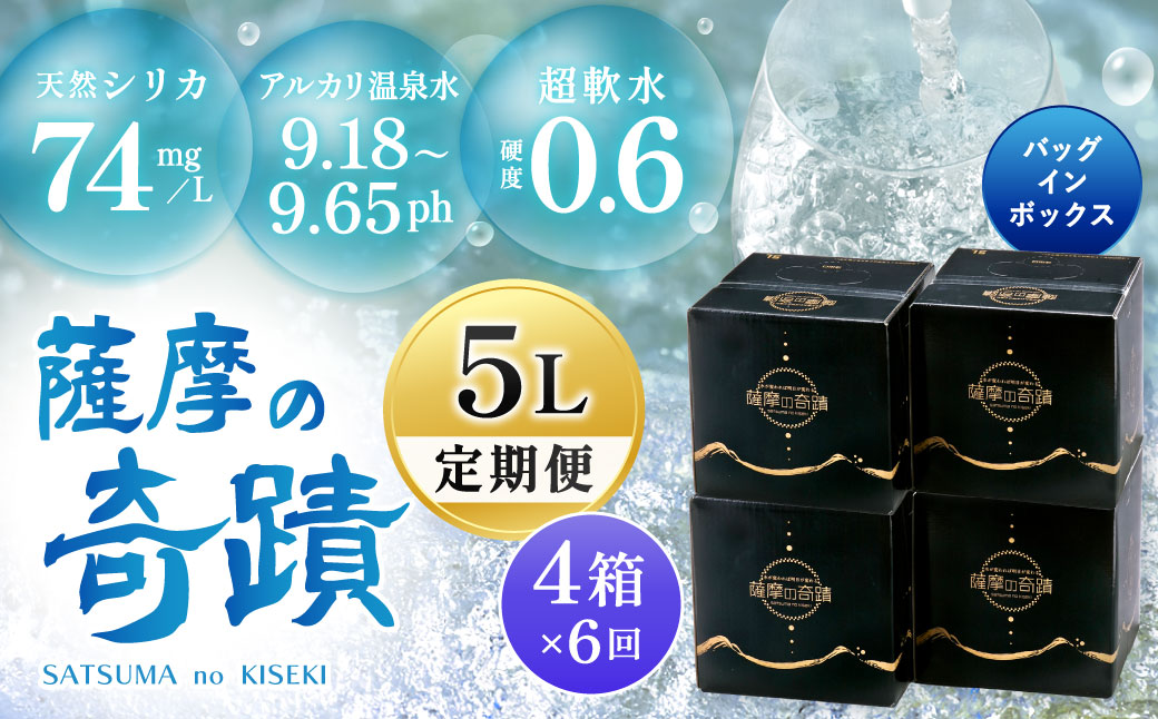 天然アルカリ温泉水 5L×4箱【6ｶ月】超軟水(硬度0.6)のｼﾘｶ水｢薩摩の奇蹟｣ 薩摩の奇蹟 ミネラルウオーター シリカ シリカ水 水 のむシリカ 温泉水 飲む温泉水 天然温泉水 飲料水 IS-001