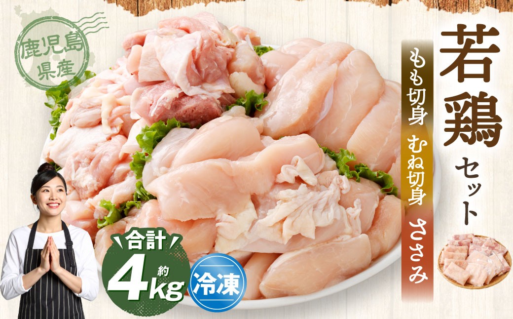 鹿児島県産 若鶏 約4kg ビッグセット 若鶏 もも肉 モモ肉 むね肉 カット ささみ 焼肉 小分け 鶏肉 冷凍 BS-149