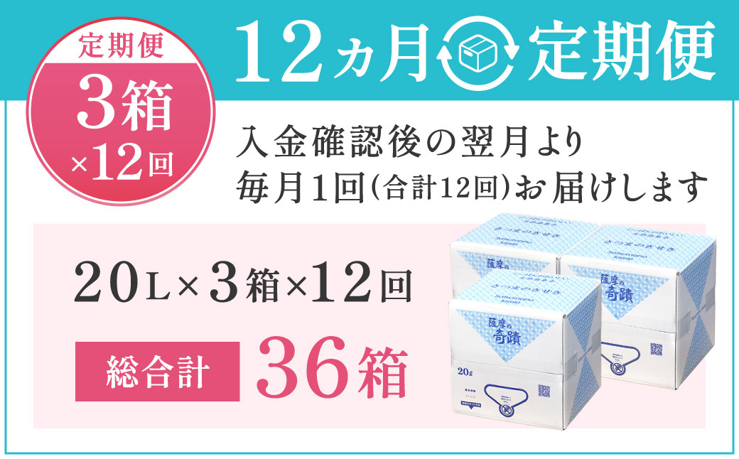 【12ｶ月定期便】天然アルカリ温泉水 薩摩の奇蹟 20L×3箱×12回 天然水 ミネラルウオーター シリカ シリカ水 水 のむシリカ 温泉水 飲む温泉水 天然温泉水 飲料水 KS-301