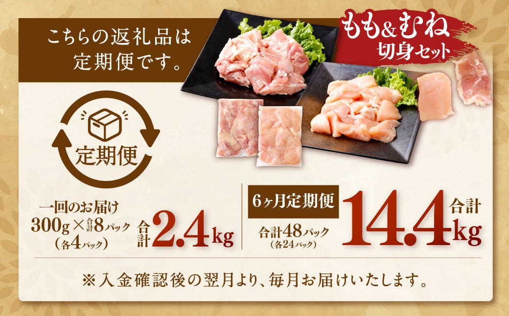 【6回定期便】鹿児島県産銘柄鶏・さつま純然鶏 若鶏もも・むね切身（300g×各4パック×6回 合計14.4kg）もも肉 むね肉 鶏肉 鶏もも肉 鶏むね肉 小分け ESR-303