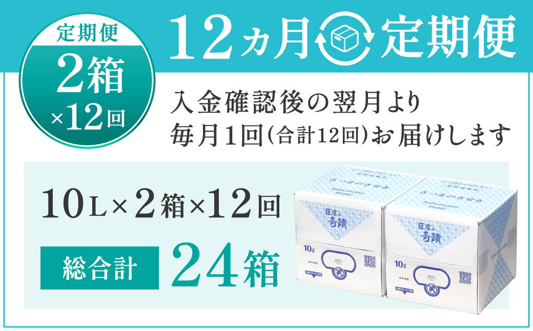 JS-104 天然アルカリ温泉水 10L×2箱【12ｶ月】超軟水(硬度0.6)のｼﾘｶ水｢薩摩の奇蹟｣ ミネラルウオーター シリカ シリカ水 水 のむシリカ 温泉水 飲む温泉水 天然温泉水 飲料水 国産 アルカリ アルカリ温泉水 軟水 防災 キャンプ アウトドア ふるさと納税 鹿児島 薩摩川内市