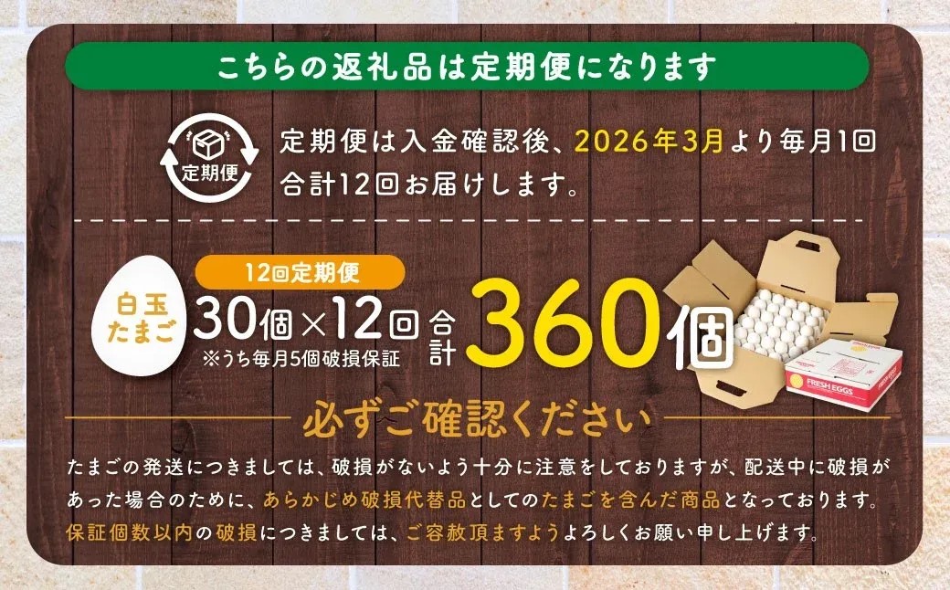 【12ヶ月定期便】 【2026年3月発送開始】電子たまご（白玉） 合計360個（30個×12回） 卵 たまご 白玉 定期 ES-610 