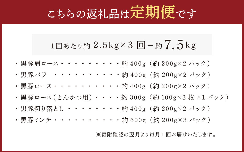 GS-606 【3ヶ月定期便】鹿児島県産黒豚 6種詰合せ(約2.5kg×3回)