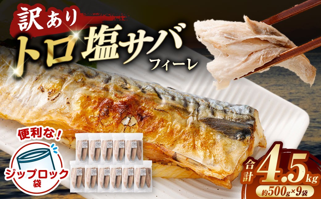 トロ塩サバフィーレ 約4.5kg 約500g×9袋 （A品、B品混合） 鯖 鯖フィレ 訳 さば サバ 冷凍 CSR-821