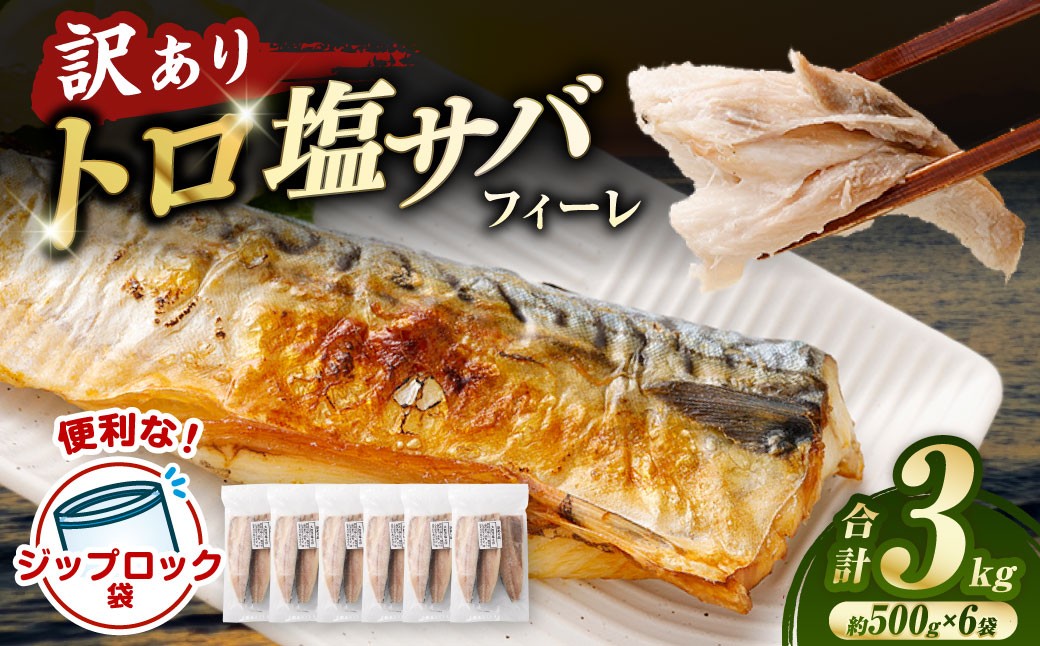 トロ塩サバフィーレ 約3.0kg 約500g×6袋 （A品、B品混合） 鯖 鯖フィレ 訳 さば サバ 冷凍 BS-554