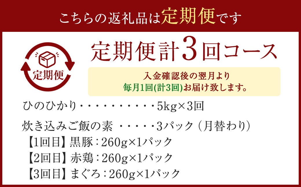 DS-206 【3ヶ月定期便】鹿児島県産ひのひかり5kg・3種の炊き込みご飯の素セット（月替わり）