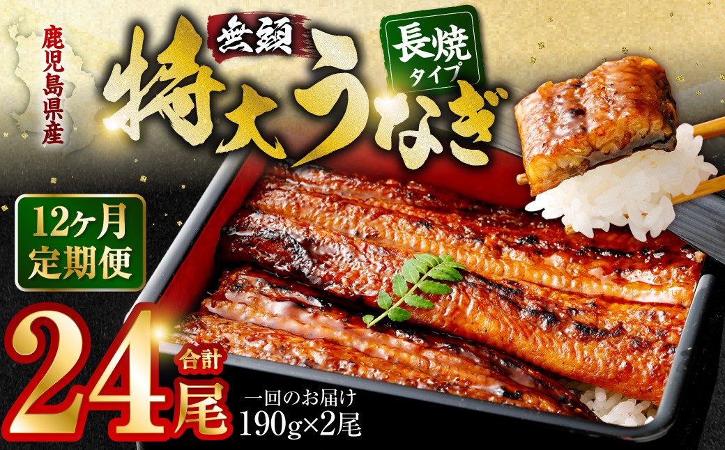 KS-103【12ヶ月定期便】鹿児島県産無頭特大うなぎ蒲焼約190g×2尾×12回