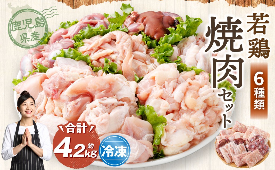 鹿児島県産 若鶏焼肉 約4.2kgセット 若鶏 もも肉 モモ肉 カット 肝 砂肝 手羽中 せせり 焼肉 小分け 鶏肉 冷凍 BS-226