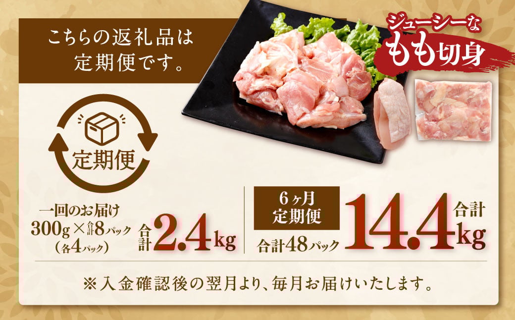 【6回定期便】鹿児島県産 銘柄鶏・さつま純然鶏 若鶏 もも切身（300g×8パック×6回 合計14.4kg）もも肉 若どり FSR-007