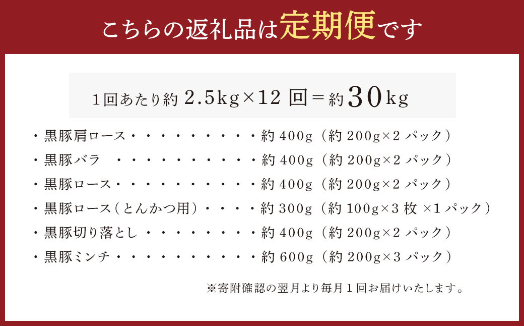 LS-302 【12ヶ月定期便】鹿児島県産黒豚 6種詰合せ(約2.5kg×12回)