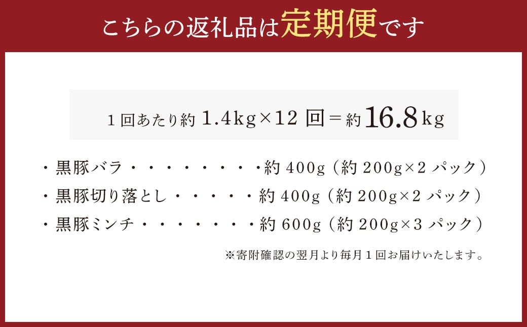 JS-411 【12ヶ月定期便】鹿児島県産黒豚 3種詰合せ(約1.4kg×12回)