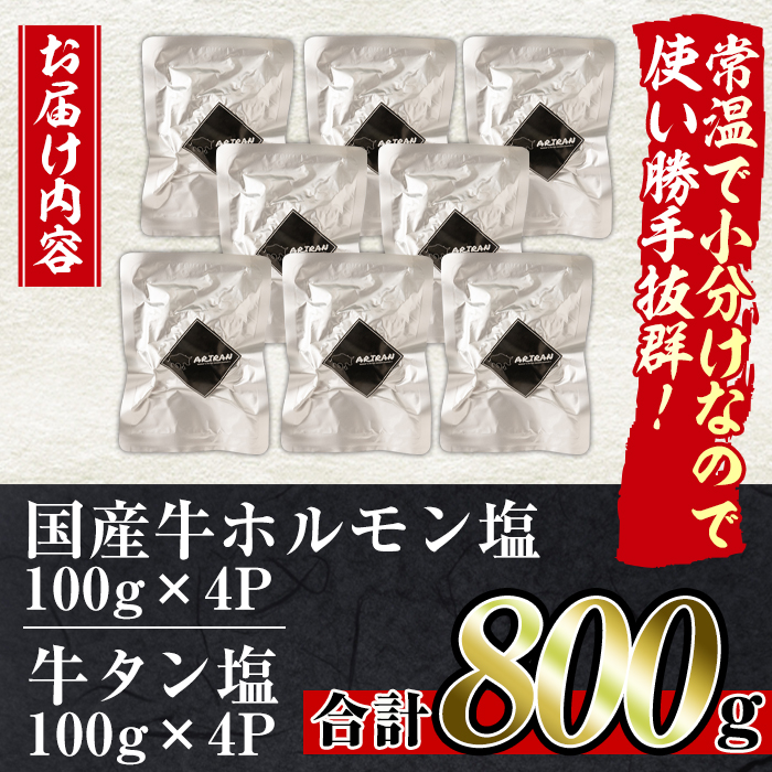 No.795 焼肉アリラン飯店の牛タン塩・国産牛ホルモン塩(合計800g・牛タン100g×4P・ホルモン100g×4P)【アリラン飯店】