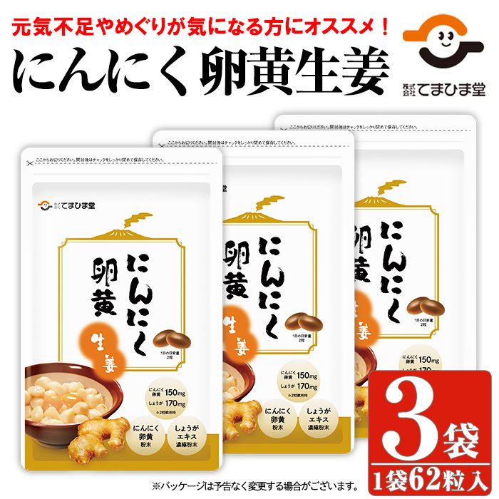 No.1028 てまひま にんにく卵黄生姜(62粒入×3袋・計186粒)鹿児島 日置市 ニンニク 健康食品 栄養 元気 カプセル 安全安心 生姜 サプリ【てまひま堂】