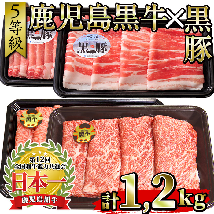 No.350 ＜肉質等級5等級＞(A-1501)鹿児島黒牛と鹿児島黒豚のしゃぶしゃぶセット(合計1.2kg)国産 牛肉 黒毛和牛 黒豚 豚肉 スライス 肩ロース カタ ウデ バラ【さつま日置農協】