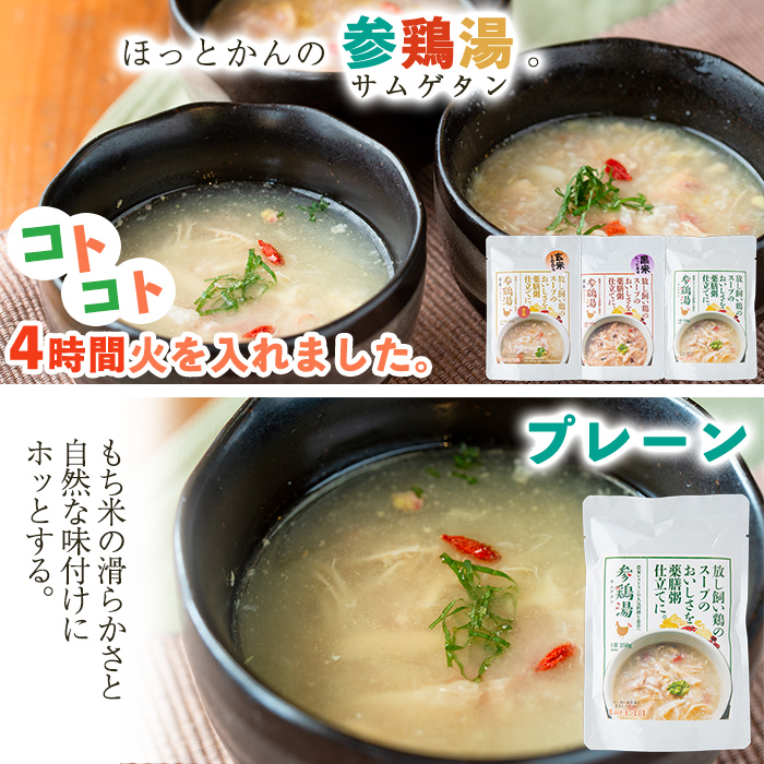 No.167 美山たまご王国サムゲタン3種6袋詰め合わせセット(250g×6、計1.5kg) 国産 参鶏湯 赤鶏 レトルト プーレン 玄米 黒米 ご飯 詰め合わせ【美山たまご王国】