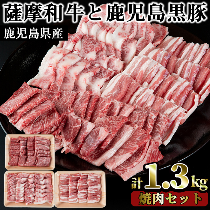 No.423 薩摩和牛と鹿児島黒豚の焼肉セット(合計1.3kg・肩ロース バラ焼肉用500g、モモもしくはカタ焼肉用 400g、黒豚バラ焼肉用 400g)国産 牛肉 豚肉 肩肉 焼肉【さつま屋産業】