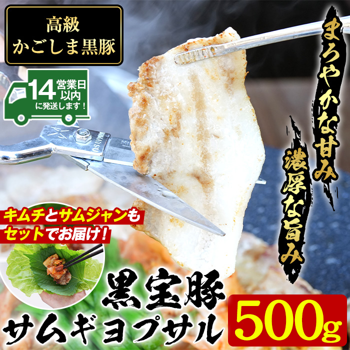No.1238 高級かごしま黒豚！「黒宝豚」サムギョプサルセット(厚切り豚バラ500g＋キムチ＋サムジャン味噌) 鹿児島県産 サムギョプサル 冷凍 豚肉 韓国 贈答 プレゼント 贈り物 惣菜【西酒造】