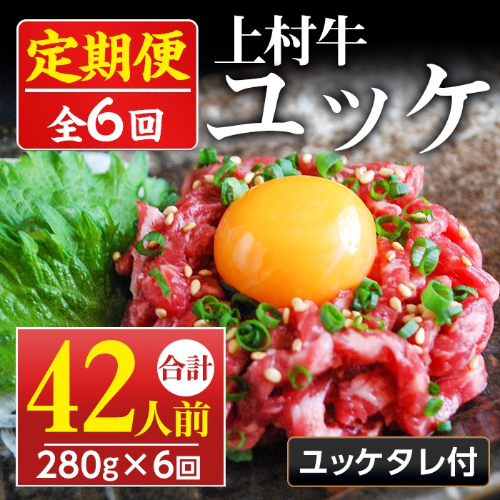 No.955 ＜定期便・全6回(連続)＞自慢の自社ブランド牛「上村牛ユッケ」(42人前・40g×7P×6回)国産 九州産 牛肉 黒毛和牛 和牛 定期便 頒布会 小分け 冷凍 ギフト 贈答【カミチク】
