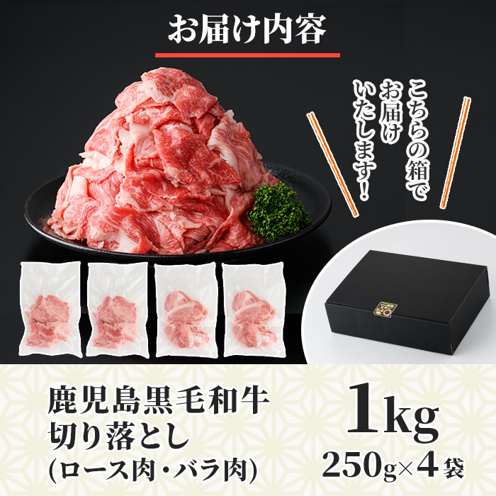 No.1039 ＜訳あり＞鹿児島黒毛和牛ロース・バラ切り落とし(250g×4袋・計1kg)【NBフード】