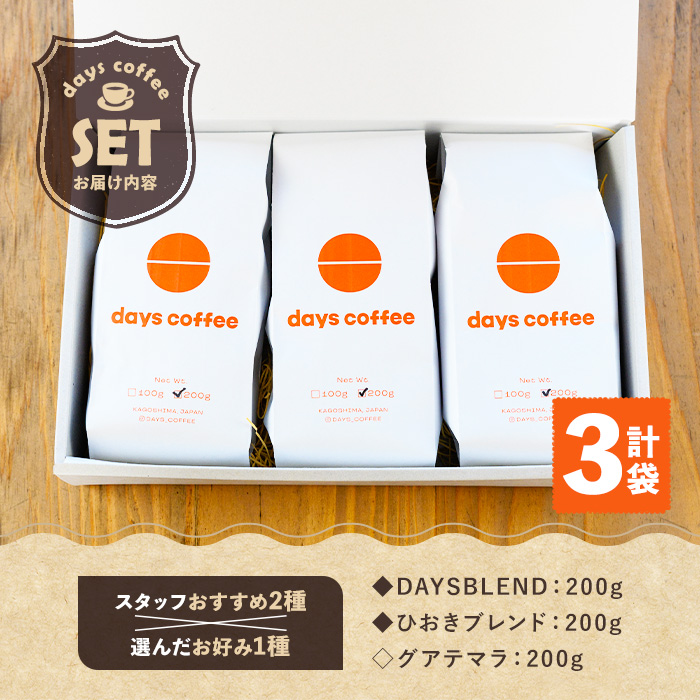 No.1190-B 自家焙煎コーヒー豆「スペシャリティコーヒー(DAYSBLEND/ひおきブレンド/グアテマラ)」(各200g×3袋・合計600g)【days coffee】