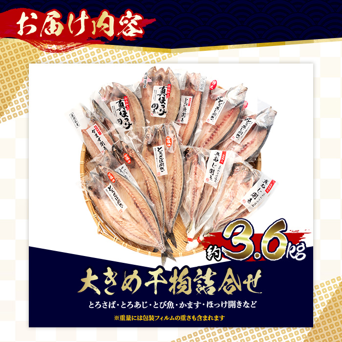 No.406-B 大きめ干物詰合せ＜合計約3.6kg＞ 干物 セット 詰め合わせ ひもの 魚介類 魚 あじ さば おかず おつまみ お楽しみ 【みのだ食品】