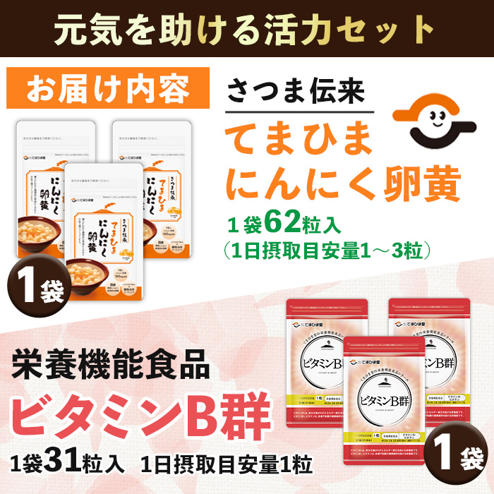 No.1297 活力セット(てまひま にんにく卵黄・ビタミンB群 各1袋) 鹿児島 日置市 ニンニク 健康食品 加工食品 栄養 元気 有精卵 カプセル 手軽に 安全安心 【てまひま堂】