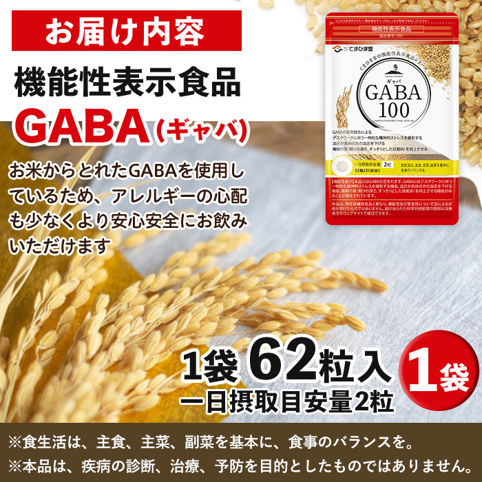 No.1294 ＜機能性表示食品＞GABA100(1袋 62粒入り)  鹿児島 日置市 健康食品 栄養バランス 食生活 安心安全 ストレス緩和 高血圧 サプリメント GABA ギャバ 【てまひま堂】