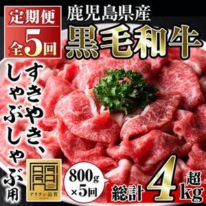 No.728 ＜定期便・全5回(連続)＞鹿児島県産黒毛和牛すきやき・しゃぶしゃぶ用(800g×5回・計4kg) 国産 九州産 牛肉 お肉 おかず スライス 冷凍 小分け【アリラン飯店】