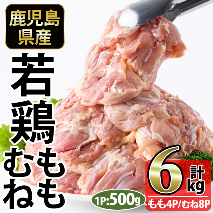 No.1359-B 鹿児島県産若鶏もも肉・むね肉(計約6kg・もも4P/むね8P) 国産 九州産 鹿児島県産 鶏肉 若鶏 とり肉 もも肉 むね肉 小分け 肉 おかず お弁当 おつまみ  【南九フーズ】