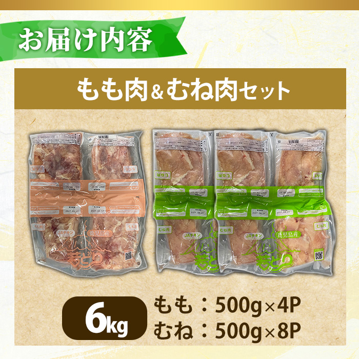 No.1359-B 鹿児島県産若鶏もも肉・むね肉(計約6kg・もも4P/むね8P) 国産 九州産 鹿児島県産 鶏肉 若鶏 とり肉 もも肉 むね肉 小分け 肉 おかず お弁当 おつまみ  【南九フーズ】