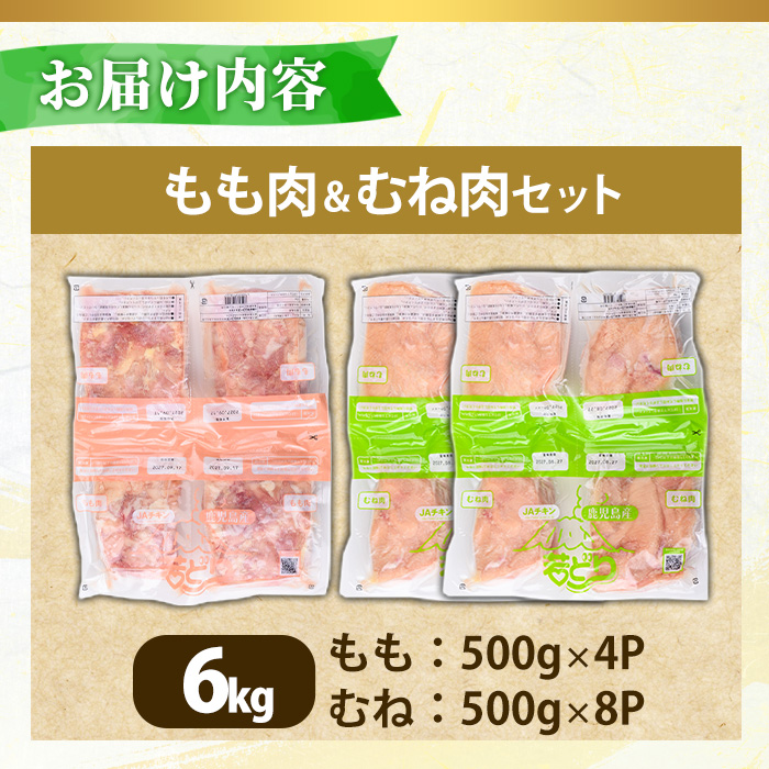 No.1359-B 鹿児島県産若鶏もも肉・むね肉(計約6kg・もも4P/むね8P) 国産 九州産 鹿児島県産 鶏肉 若鶏 とり肉 もも肉 むね肉 小分け 肉 おかず お弁当 おつまみ  【南九フーズ】