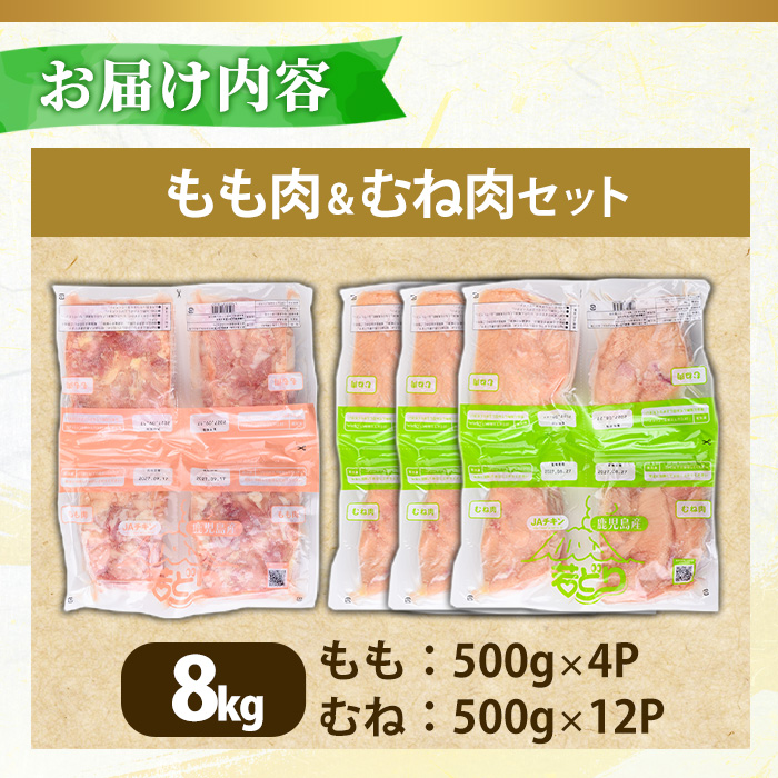 No.1359-C 鹿児島県産若鶏もも肉・むね肉(計約8kg・もも4P/むね12P) 国産 九州産 鹿児島県産 鶏肉 若鶏 とり肉 もも肉 むね肉 小分け 肉 おかず お弁当 おつまみ  【南九フーズ】