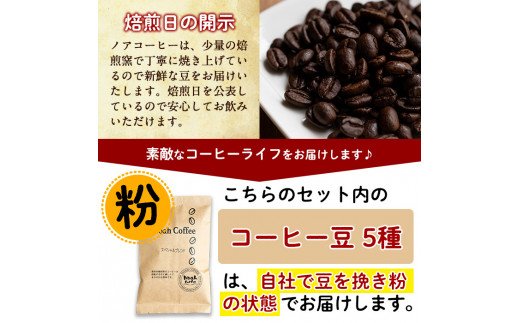 A-172 ＜豆を挽いて粉の状態でお届け＞珈琲豆100g×5種詰め合わせ【ノア・コーヒー】