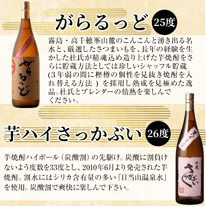 K-231 本格芋焼酎飲み比べセット！「芋ハイ さっかぶい」「がらるっど」(各1800ml) 【石野商店】霧島市 焼酎 芋焼酎 本格芋焼酎 本格焼酎 酒 一升瓶 宅飲み 家飲み 詰め合わせ 詰合せ