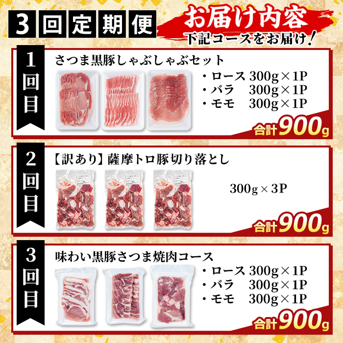 K-714-A ＜3回定期便＞＜一部訳あり＞鹿児島県産さつま黒豚とトロ豚の食べ比べ定期便(計2.7kg)【ふるさと産直バザール】霧島市 ロース バラ モモ 焼き肉 ヤキニク 部位ミックス 切落し 豚肉 国産 鹿児島県産 肉 精肉 ワケアリ 小分け 定期便