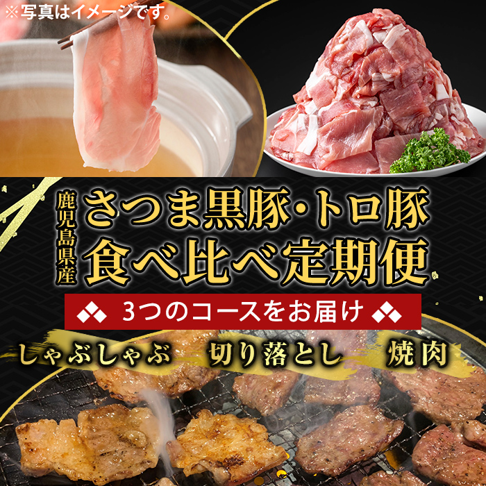 K-714-A ＜3回定期便＞＜一部訳あり＞鹿児島県産さつま黒豚とトロ豚の食べ比べ定期便(計2.7kg)【ふるさと産直バザール】霧島市 ロース バラ モモ 焼き肉 ヤキニク 部位ミックス 切落し 豚肉 国産 鹿児島県産 肉 精肉 ワケアリ 小分け 定期便
