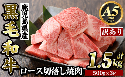 K-321-B ＜訳あり・不揃い＞鹿児島県産黒毛和牛＜A5等級＞ロース切り落とし焼肉(計1.5kg・500g×3P)【ビーフ倉薗】霧島市 牛肉 ヤキニク 焼き肉 国産 鹿児島県産 黒毛和牛 肉 精肉 牛