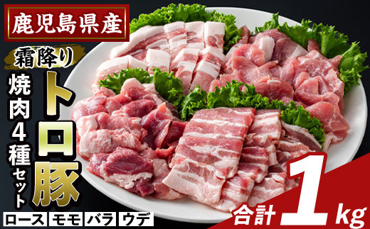 K-379-A 鹿児島県産霜降りトロ豚 焼肉用バラエティセット(合計1kg)【KNOT】霧島市 ロース バラ ウデ モモ 焼き肉 ヤキニク 豚肉 国産 鹿児島県産 肉 精肉 小分け セット 食べ比べ