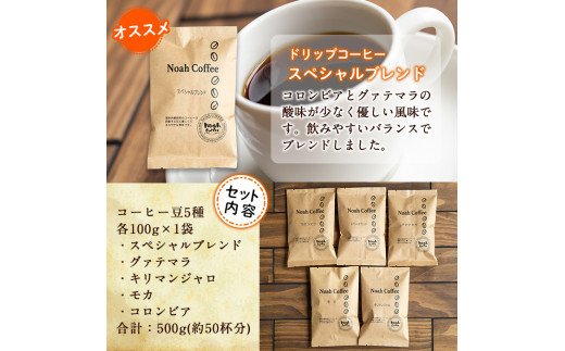 A-165 ＜挽かずに豆の状態でお届け＞珈琲豆100g×5種詰め合わせ【ノア・コーヒー】