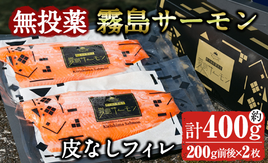 K-407 《先行予約受付中！2025年3月上旬以降順次発送予定》霧島サーモン 皮なしフィレ(計400g前後・200g前後×2枚) 【福山黒酢】刺身 焼き物 魚 魚介 無投薬 サケ 鮭 海鮮 かくいだ 桷志田