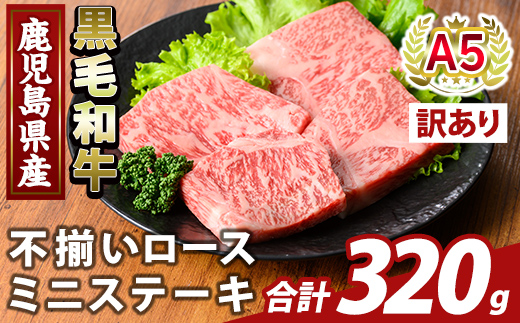 K-479-A ＜訳あり＞鹿児島県産A5等級黒毛和牛不揃いロースミニステーキ(計320g) 【ふるさと産直バザール】霧島市 牛肉 国産 鹿児島県産 赤身肉 不揃い ワケアリ ロース ステーキ 肉 精肉