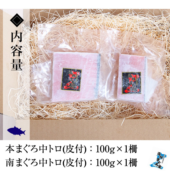 《ちょこっとプレミアム》天然高級まぐろ中トロ食べ比べセット(計200g) 100g柵でお届け！肉厚のお刺身や海鮮丼に！まぐろ 鮪 魚介 刺し身 刺身 さしみ 海鮮丼 本まぐろ 本マグロ 南まぐろ 南マグロ 小分け 便利 冷凍 新鮮【海鮮まぐろ家】【A-2017H】