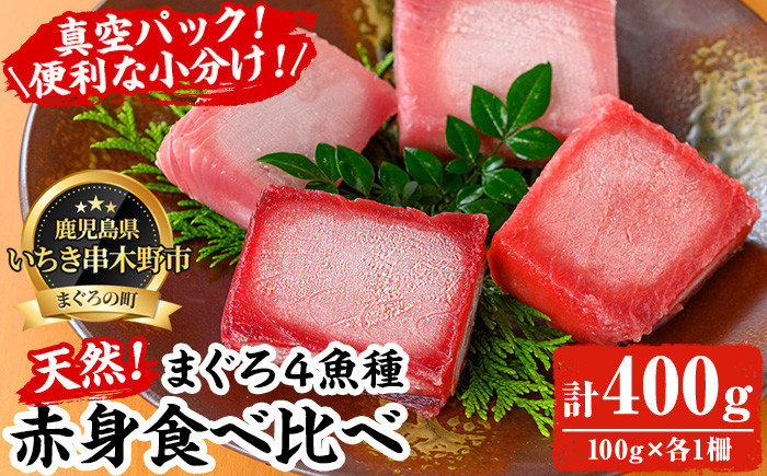 天然まぐろ4魚種赤身食べ比べセット(計400g) 100g柵でお届け！肉厚のお刺身や海鮮丼に！まぐろ 鮪 魚介 刺し身 刺身 さしみ 海鮮丼 本まぐろ 南まぐろ メバチまぐろ キハダまぐろ 小分け 便利 冷凍 新鮮【海鮮まぐろ家】【A-1657H】