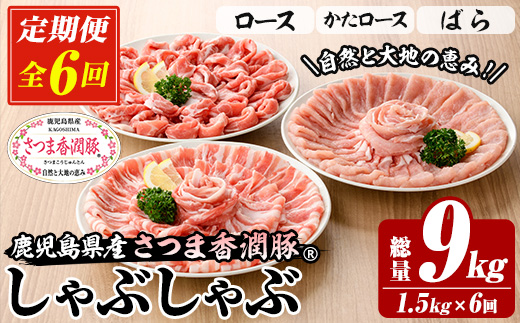 ＜定期便・全6回＞鹿児島県産！さつま香潤豚しゃぶしゃぶセット (3種)(250g×6P×6回・総量9kg) 豚 豚肉 肉 鹿児島 白豚 しゃぶしゃぶ ロース 肩ロース ばら肉 バラ肉 詰合せ 小分け 定期便 冷凍【西日本ベストパッカー】【E-158H】
